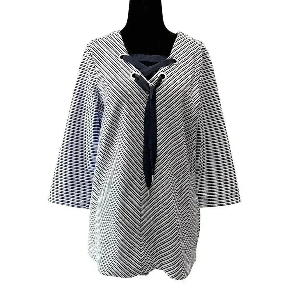 Northern Reflections Top  V-Neck Nautical Tie Front Blue White Stripes Medium